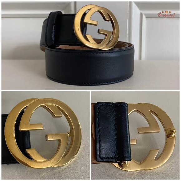 Authentic Gucci Black Calfskin Leather Gold Interlocking G Buckle Belt 80/32 - Picture 2 of 13